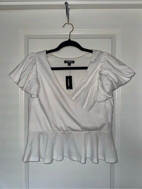 Express White Wrap Peplum Blouse with Ruffled Sleeves